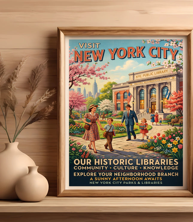 Vintage poster for New York City libraries with a family at the NYC Public Library.