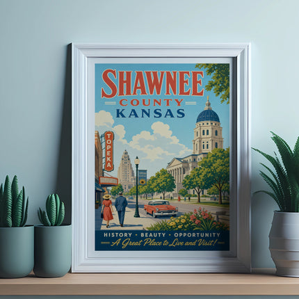 Shawnee County, Kansas poster with Topeka landmarks and text.