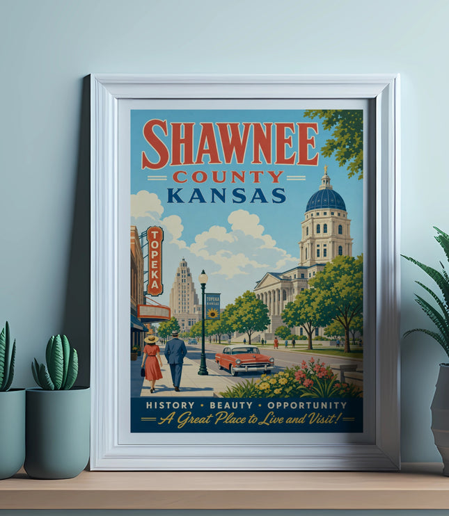 Shawnee County, Kansas poster with Topeka landmarks and text.
