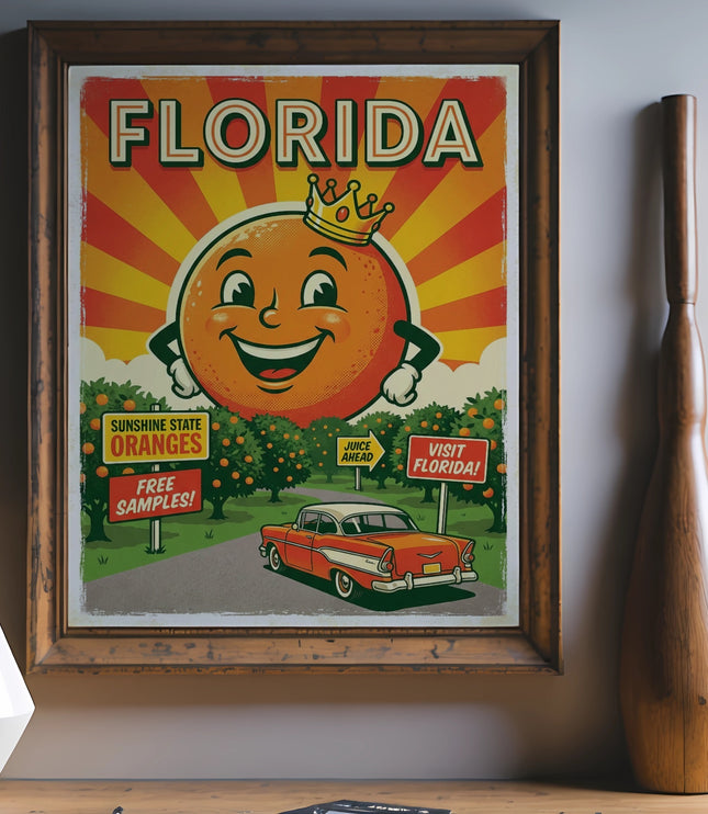 Vintage Florida travel poster with crowned orange, retro car, and orange groves.