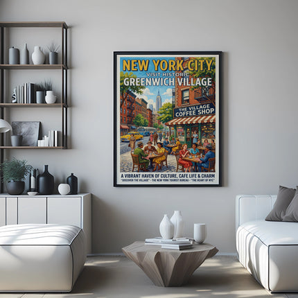 Vintage New York City poster advertising Greenwich Village with a coffee shop scene.