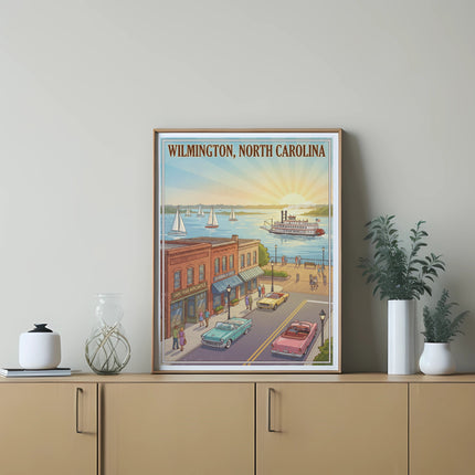 Wilmington, North Carolina vintage poster with riverboats and vintage cars.