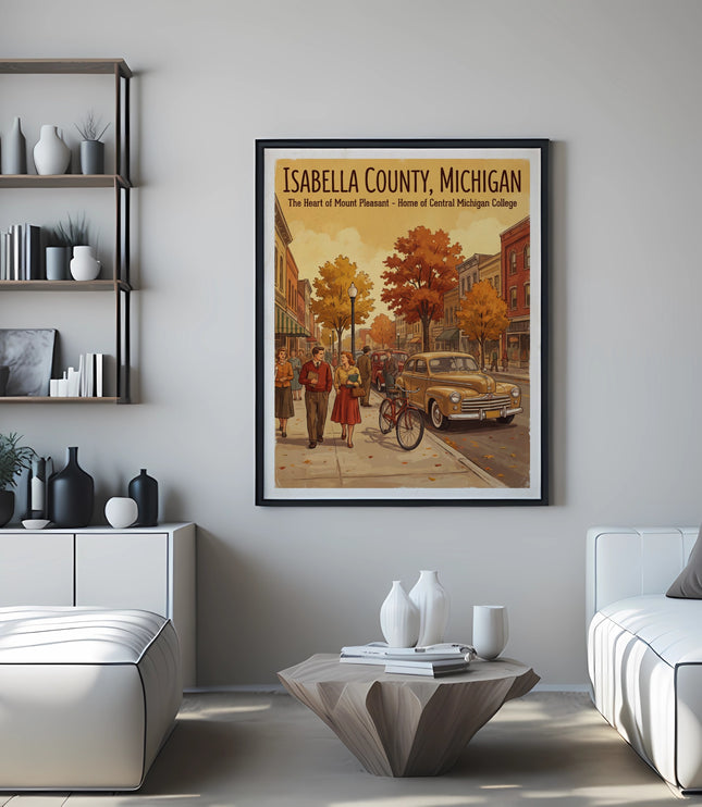 Framed print of Isabella County, Michigan street scene with vintage car and people.
