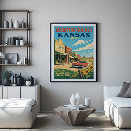 Vintage poster for Elkhart, Kansas, showing a street scene with a car and sunflowers.