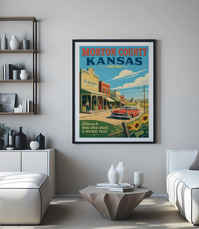 Vintage poster for Elkhart, Kansas, showing a street scene with a car and sunflowers.