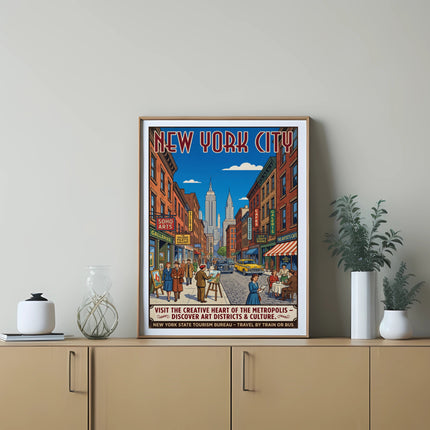 New York City poster with Soho art districts, shops, and text.