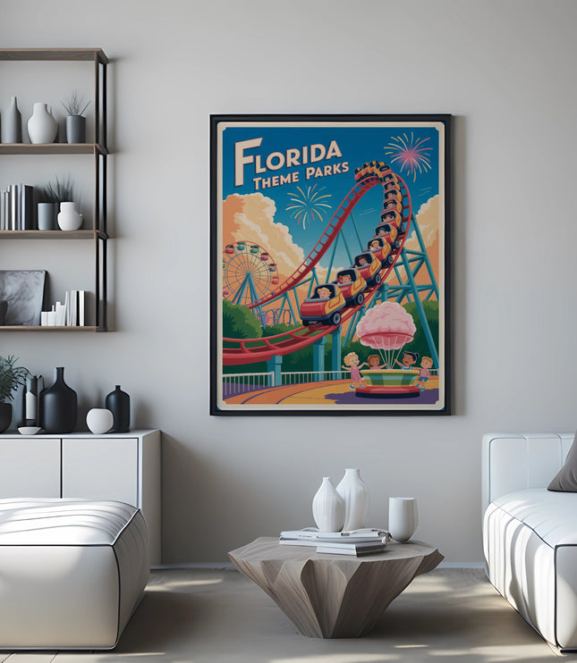 Vintage Florida Theme Parks poster with roller coaster and Ferris wheel.