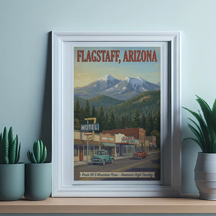 Flagstaff, Arizona vintage poster featuring Route 66, motel, cafe, and snowy mountains.