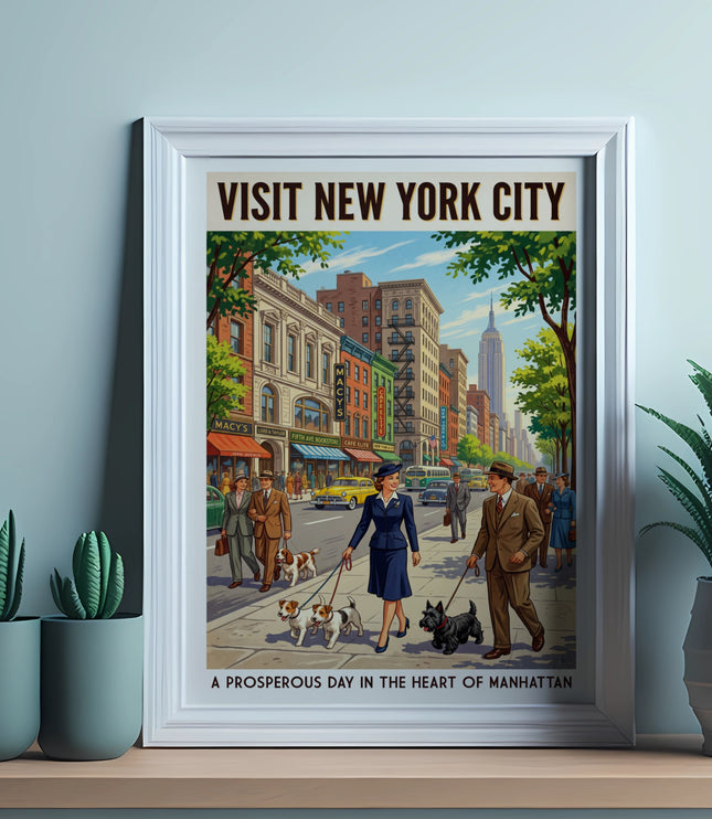 Vintage New York City poster showing people and dogs on a street with Macy's.
