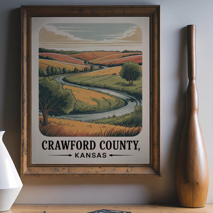 Vintage poster of Crawford County, Kansas landscape with rolling hills and text.