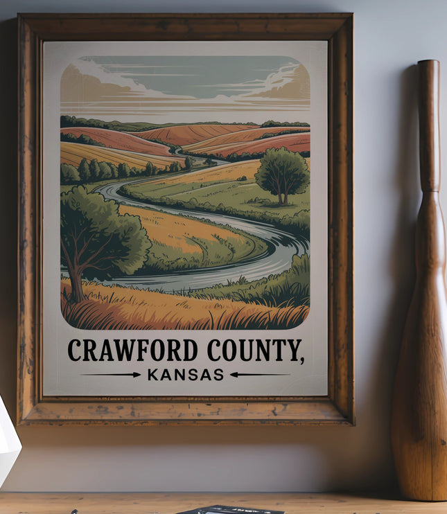 Vintage poster of Crawford County, Kansas landscape with rolling hills and text.