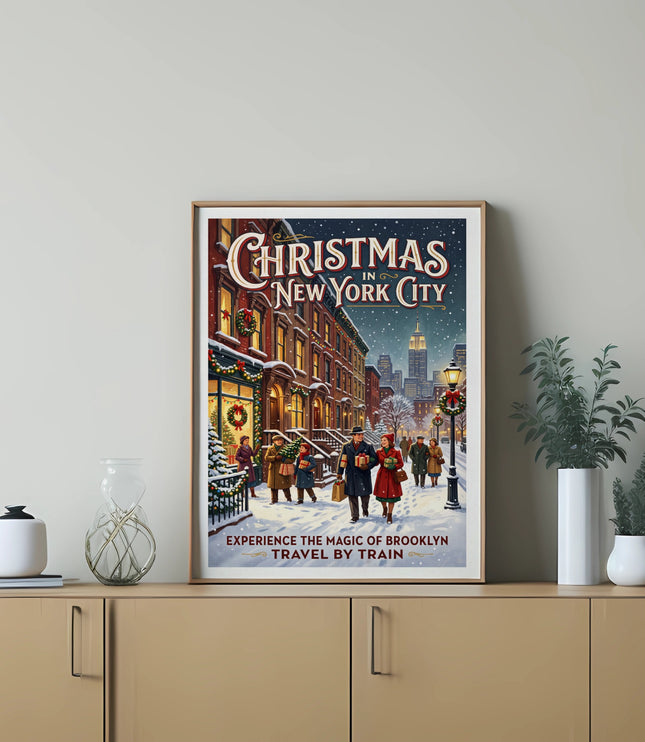 Vintage poster of "Christmas in New York City" with people and buildings in snow.