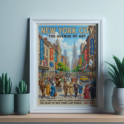 New York City Avenue of Art poster with busy street scene, galleries, and text.