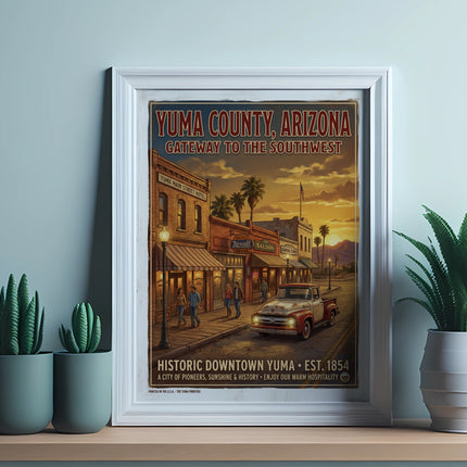 Vintage poster: Yuma County, Arizona, Historic Downtown. Features buildings, people, and a truck.