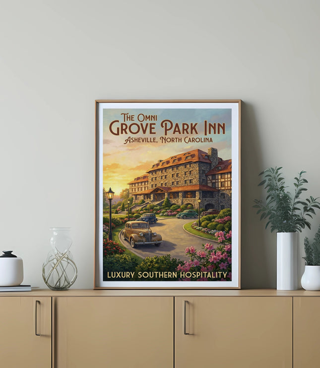 Retro poster of The Omni Grove Park Inn, Asheville, North Carolina.