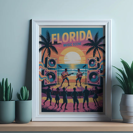 Framed poster of a Florida music scene with palm trees, sunset, and band.