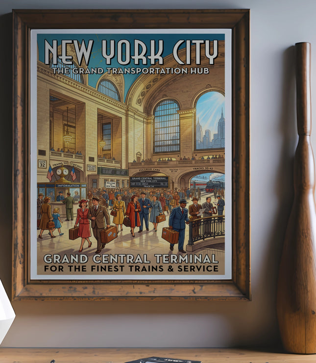 New York City Grand Central Terminal vintage travel poster with people and trains.