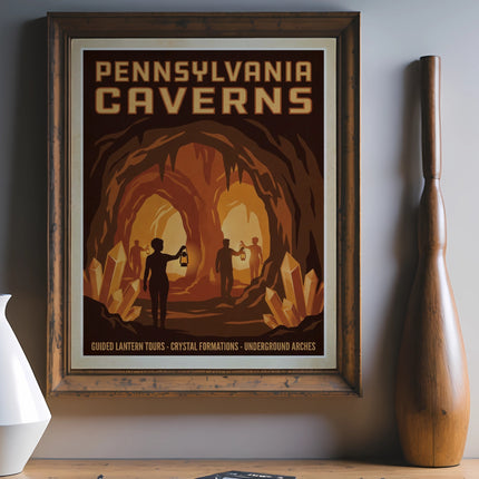 Pennsylvania Caverns poster with guided lantern tours and crystal formations.
