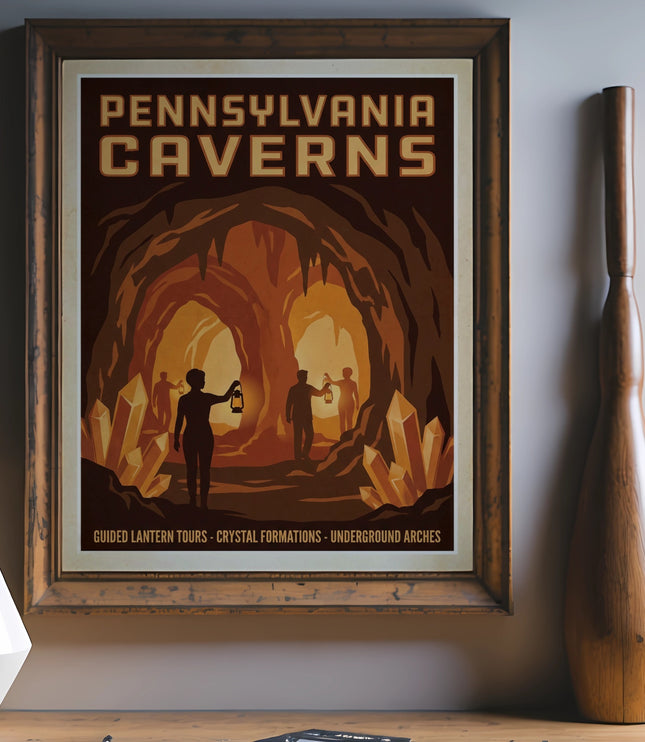 Pennsylvania Caverns poster with guided lantern tours and crystal formations.