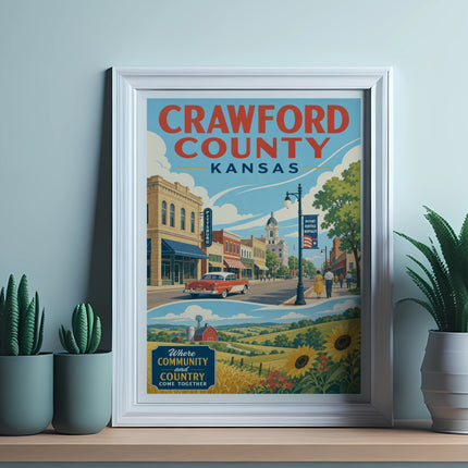 Vintage poster of Crawford County, Kansas, with rural and town scenes.