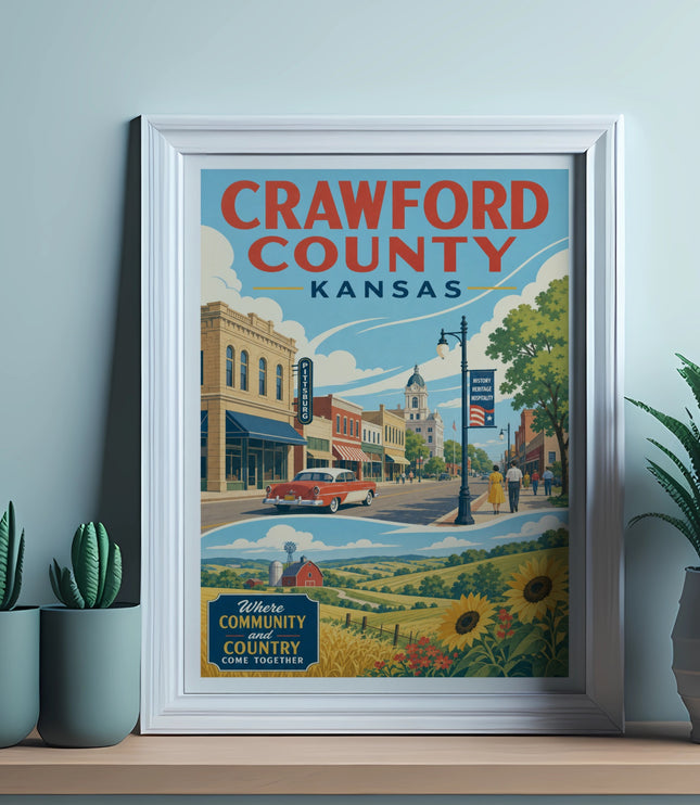 Vintage poster of Crawford County, Kansas, with rural and town scenes.