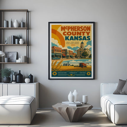 McPherson County Kansas retro travel poster with town and farm scene.
