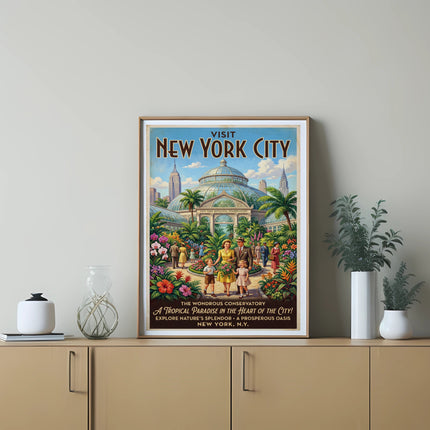 Visit New York City vintage poster for the Conservatory with people.
