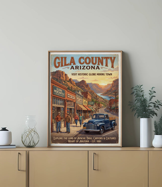 Gila County Arizona travel poster with vintage truck and mountain landscape.