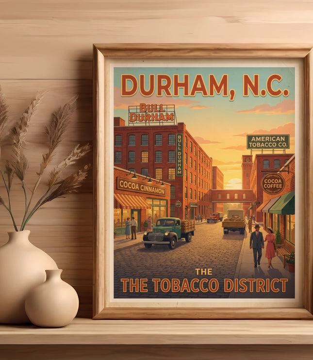Vintage poster of Durham, N.C. Tobacco District featuring buildings, trucks, and people.
