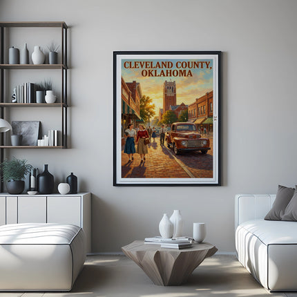 Framed art depicting Cleveland County, Oklahoma historic street scene with vintage truck.