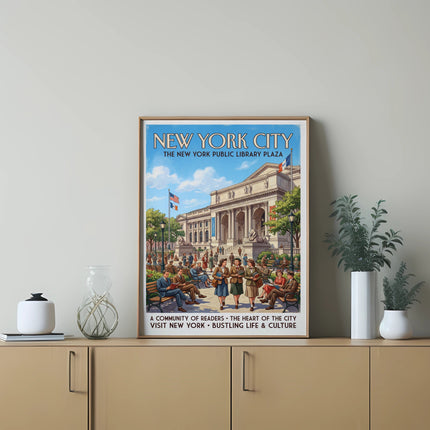 New York City, New York Public Library Plaza poster with people and buildings.