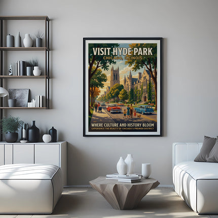 Vintage travel poster with text "Visit Hyde Park Chicago, Illinois" depicting buildings and cars.