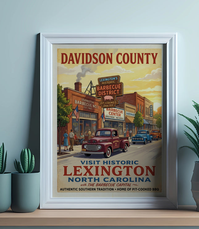 Davidson County vintage travel poster featuring Lexington, North Carolina barbecue district.