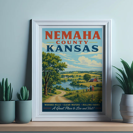 Nemaha County Kansas vintage travel poster with rolling farms.