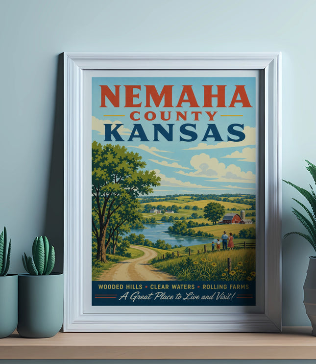 Nemaha County Kansas vintage travel poster with rolling farms.