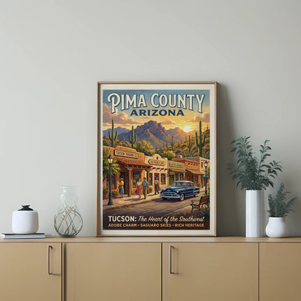 Pima County Arizona vintage travel poster with town and desert landscape.