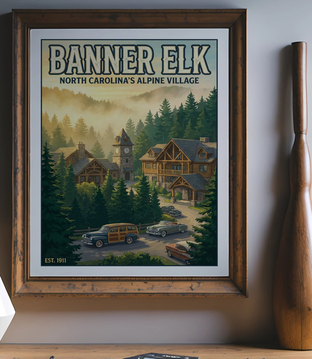 Vintage poster of Banner Elk, North Carolina, with alpine village scene and classic cars.