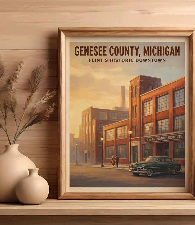 "Genesee County, Michigan" poster showing Flint's historic downtown with General Motors Institute.