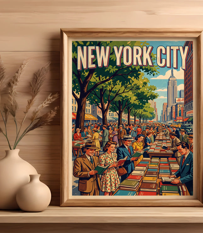 Framed illustration of a New York City street scene with book stalls and people shopping.