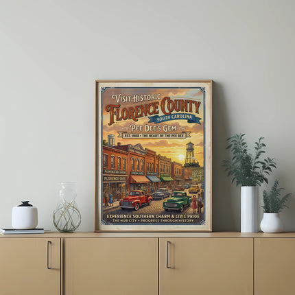 Vintage poster of Florence County, South Carolina, showing a street scene with cars and historic buildings.