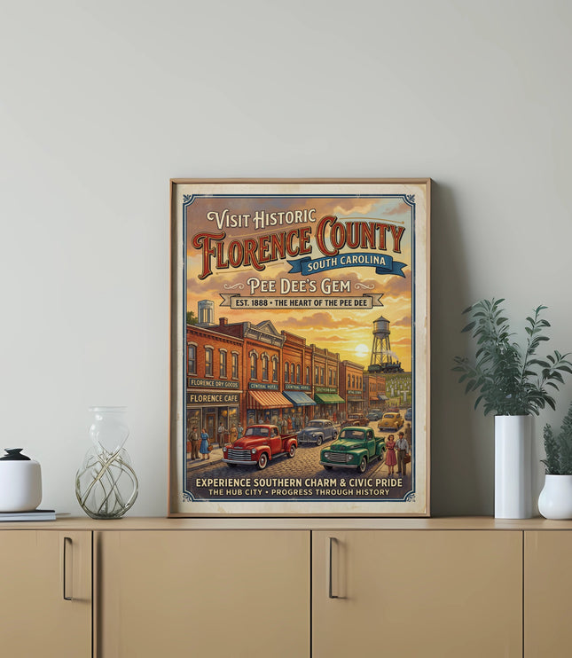 Vintage poster of Florence County, South Carolina, showing a street scene with cars and historic buildings.