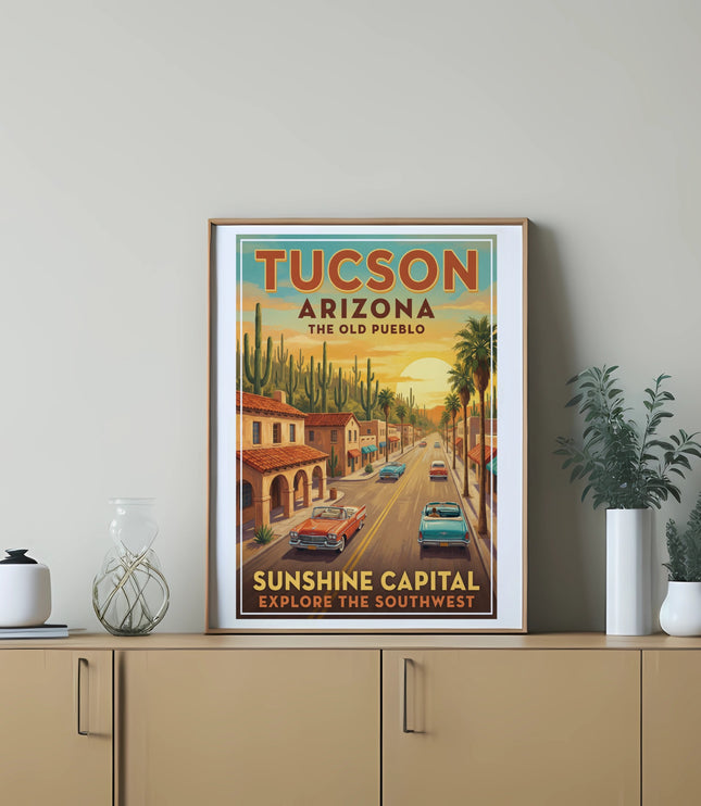 Tucson, Arizona retro travel poster of a desert town with vintage cars.
