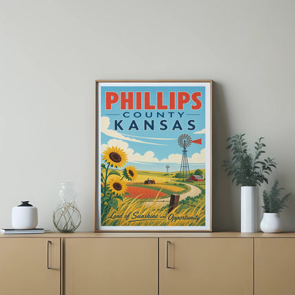 Phillips County Kansas vintage travel poster with sunflowers, windmill, and farmland.