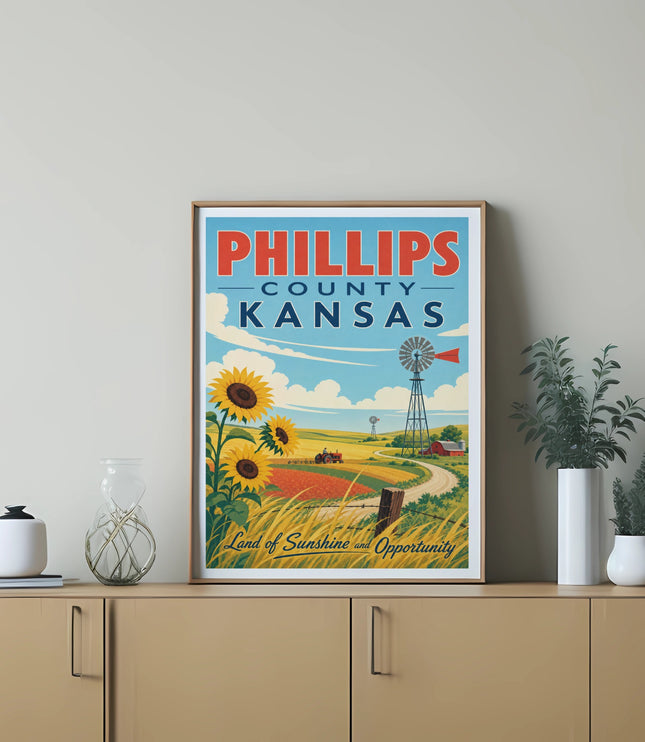Phillips County Kansas vintage travel poster with sunflowers, windmill, and farmland.