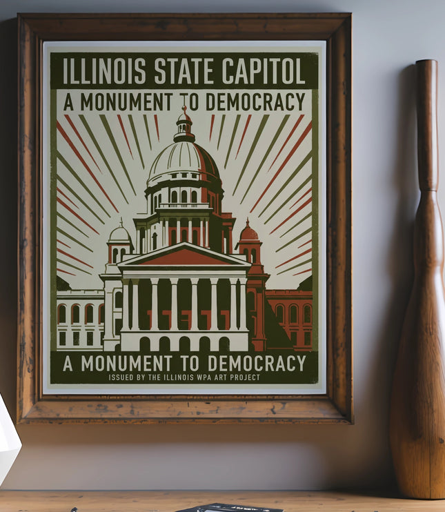Illinois State Capitol poster, a monument to democracy, issued by WPA Art Project.