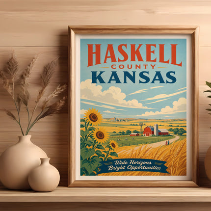 Haskell County, Kansas vintage travel poster with sunflowers and farm scene.