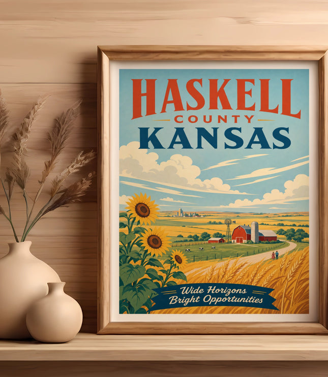 Haskell County, Kansas vintage travel poster with sunflowers and farm scene.