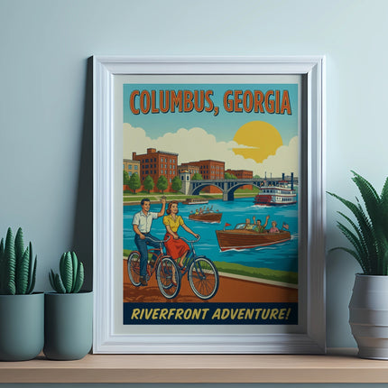 Vintage travel poster for Columbus, Georgia featuring people cycling and boats on the river.