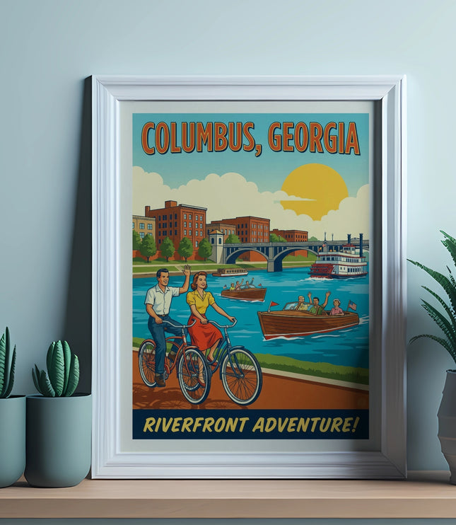 Vintage travel poster for Columbus, Georgia featuring people cycling and boats on the river.