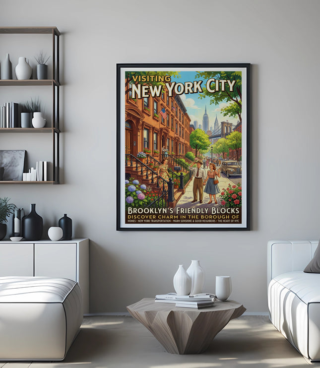 Brooklyn's Friendly Blocks poster with New York City landmarks and text.